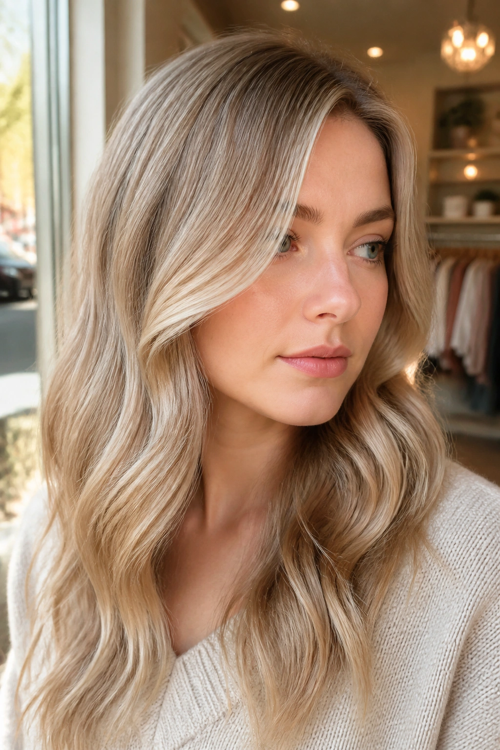 Close-up portrait of a real woman with pearl sand blonde hair and porcelain skin