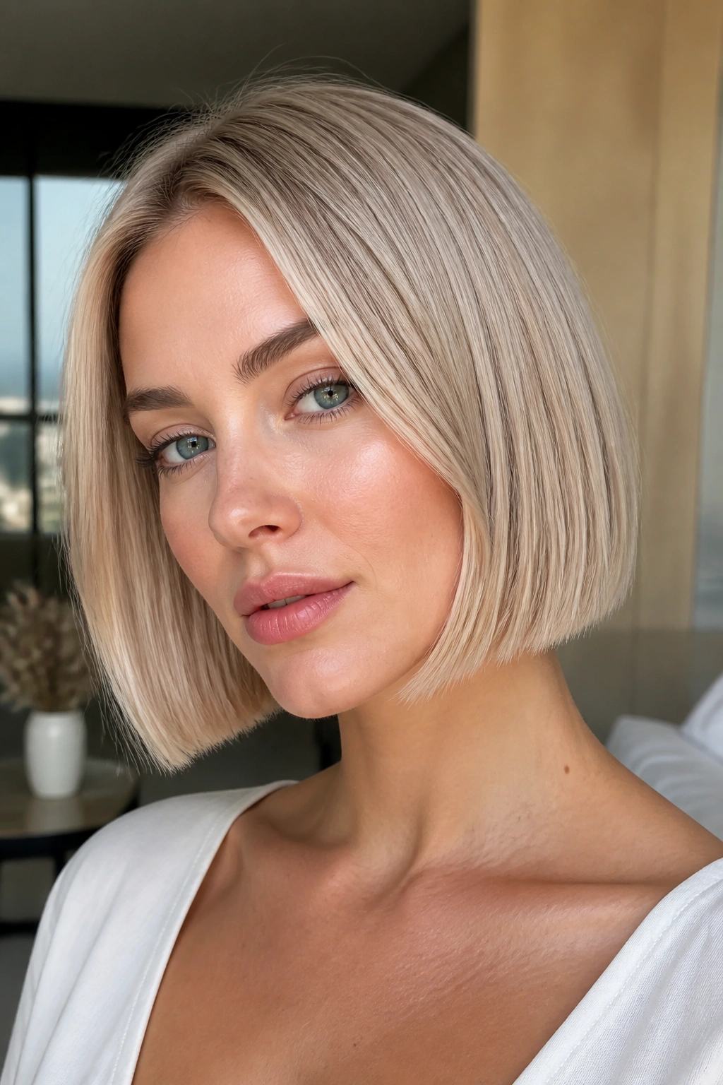 Close-up portrait of a real woman with a pearl sandy blonde bob and cool beige tones