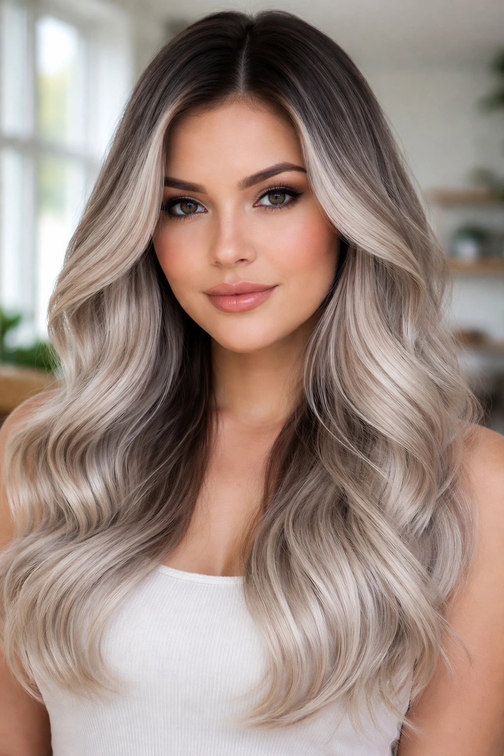 Close-up portrait of a real woman with pearl silver balayage and shadow root.