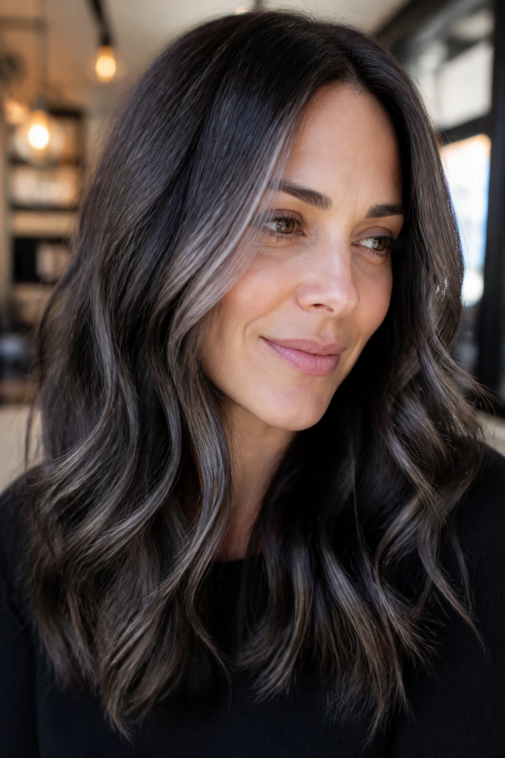 Close-up portrait of a real person with pearl-silver glaze on espresso brown hair in a cozy setting
