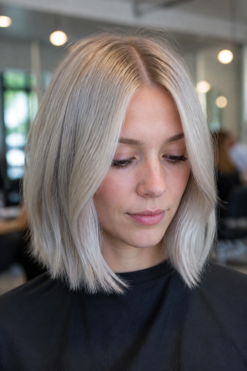 Close-up of a woman with Pearl-Silver Lob and center part, soft pearl shine.