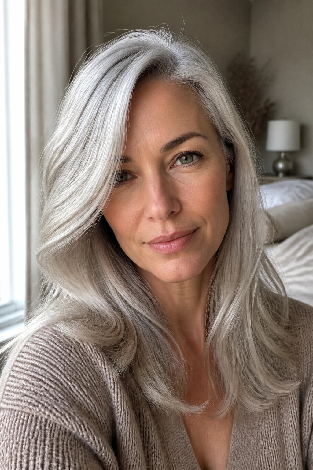 Close-up of a real woman with pearl silver hair and an off-center part.