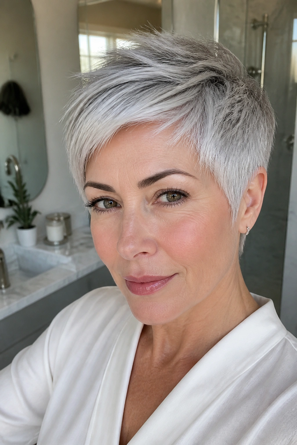 Close-up portrait of a real woman with pearl silver pixie hairstyle