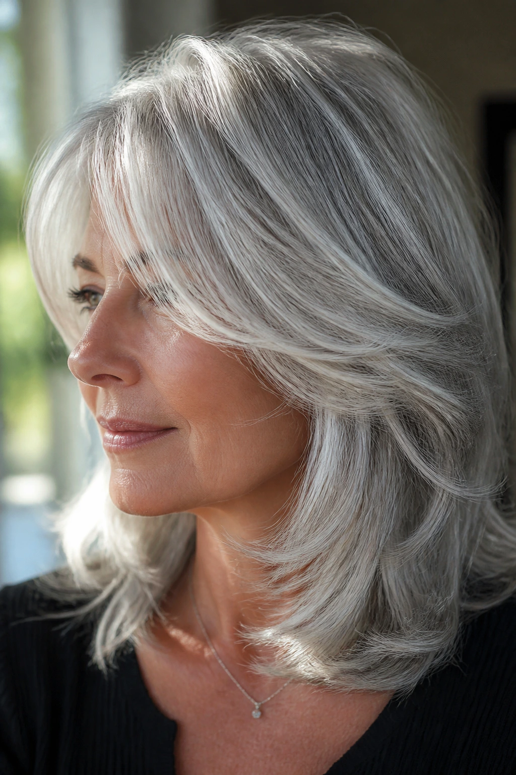 Portrait of a woman with layered hair showing pearl-silver ribbons.