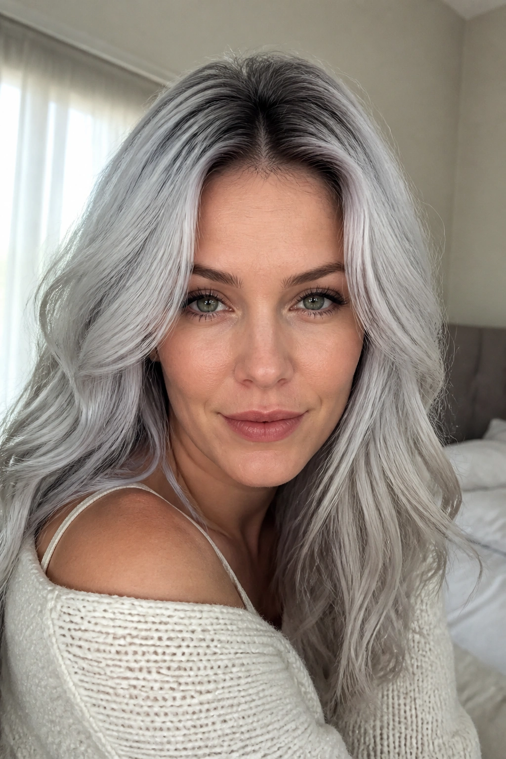 Close-up of a real person with pearl silver hair and soft smoke root