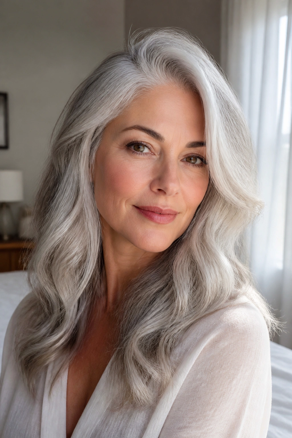 Close-up portrait of a real woman with pearl silver waves and a deep side part