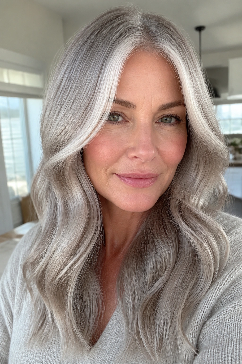 Portrait of a real woman with pearl smoke blonde hair in bright daylight