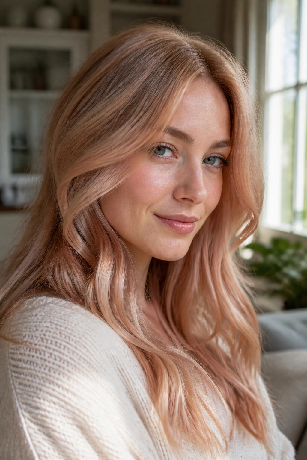 Close-up of real woman with pearl strawberry blonde and pearl gloss.