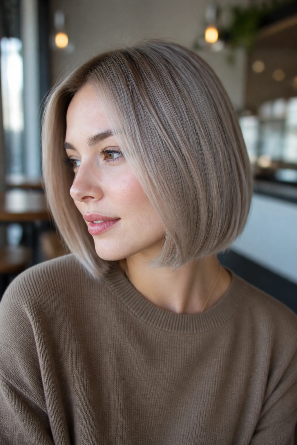 Real woman with pearl-taupe beige bob in bright cafe light