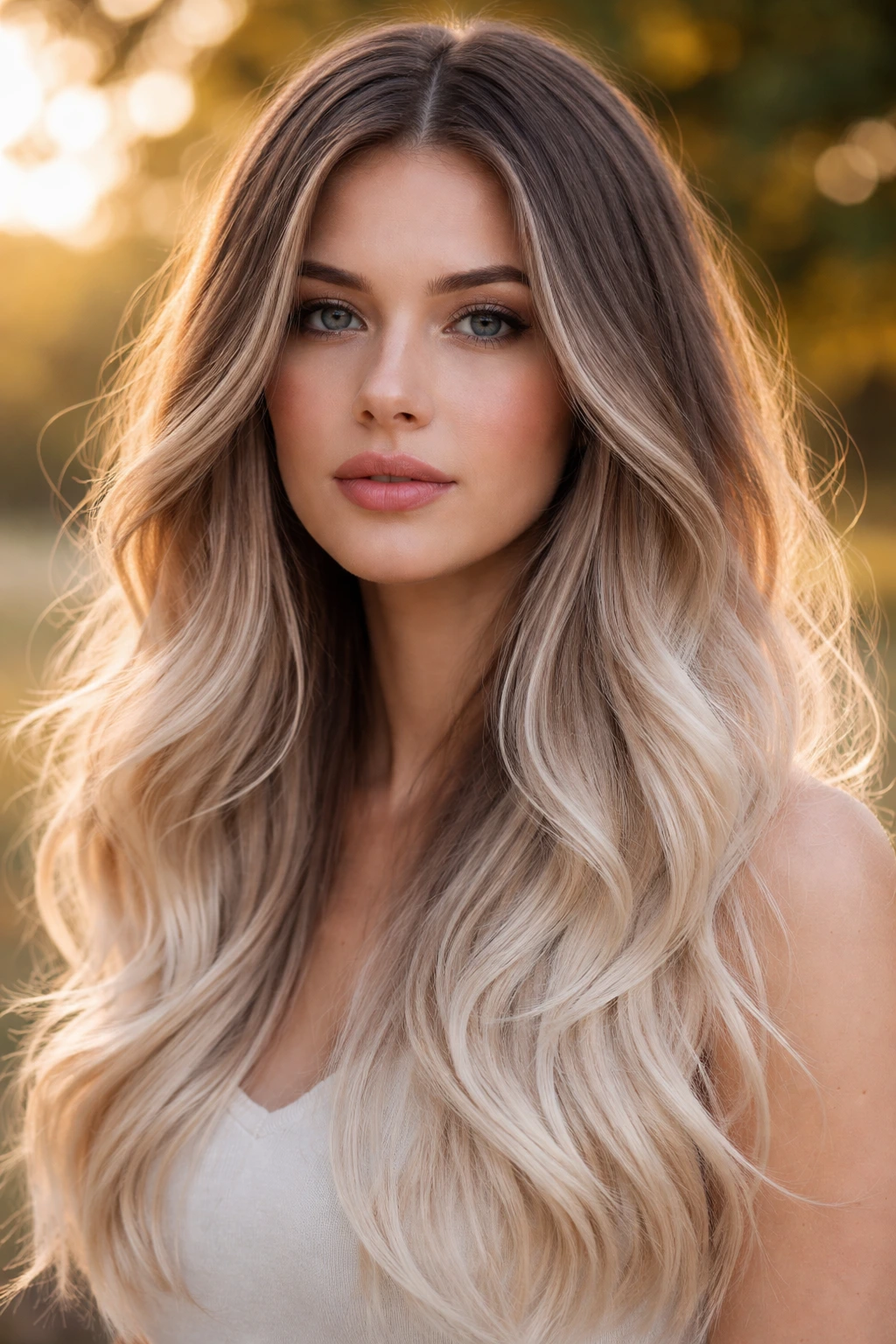 Woman with pearl-toned ombré hair in golden hour light