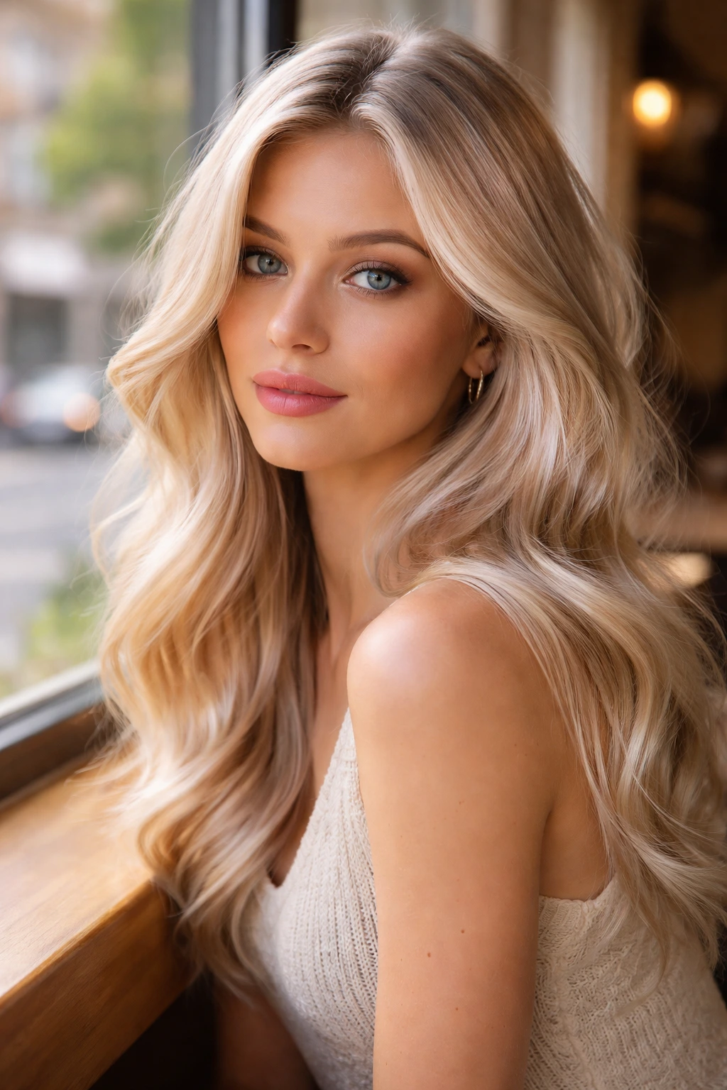 Close-up portrait of a real woman with pearl-infused vanilla blonde catching iridescent light in a cafe