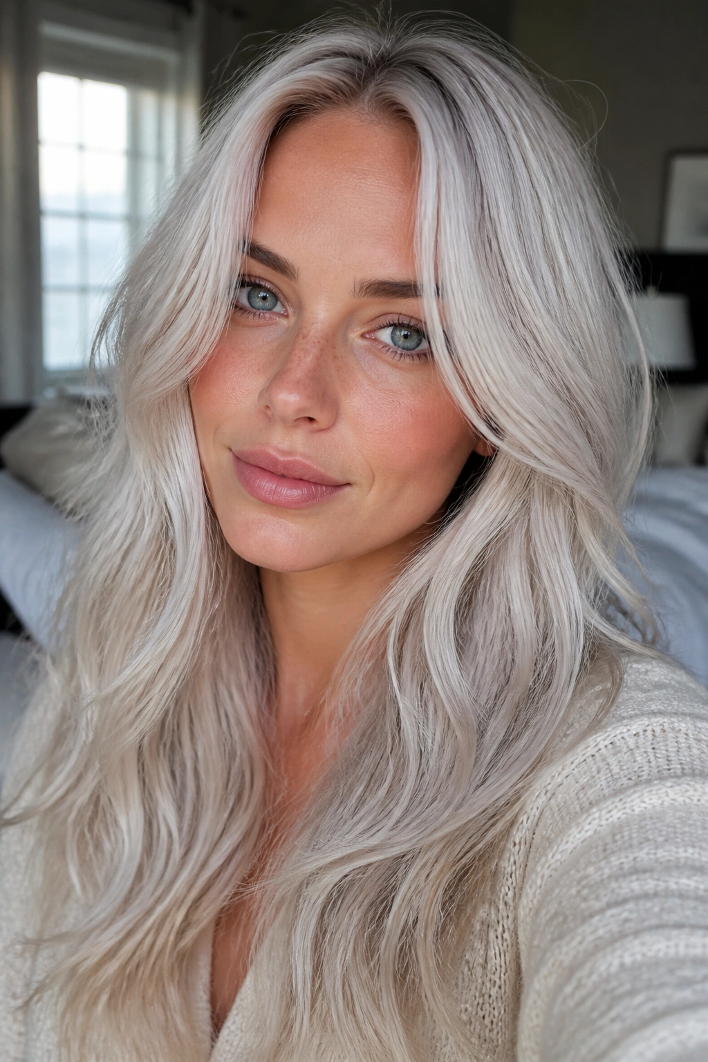 Close-up of a real woman with pearl veil silver blonde hair with soft waves near a window.