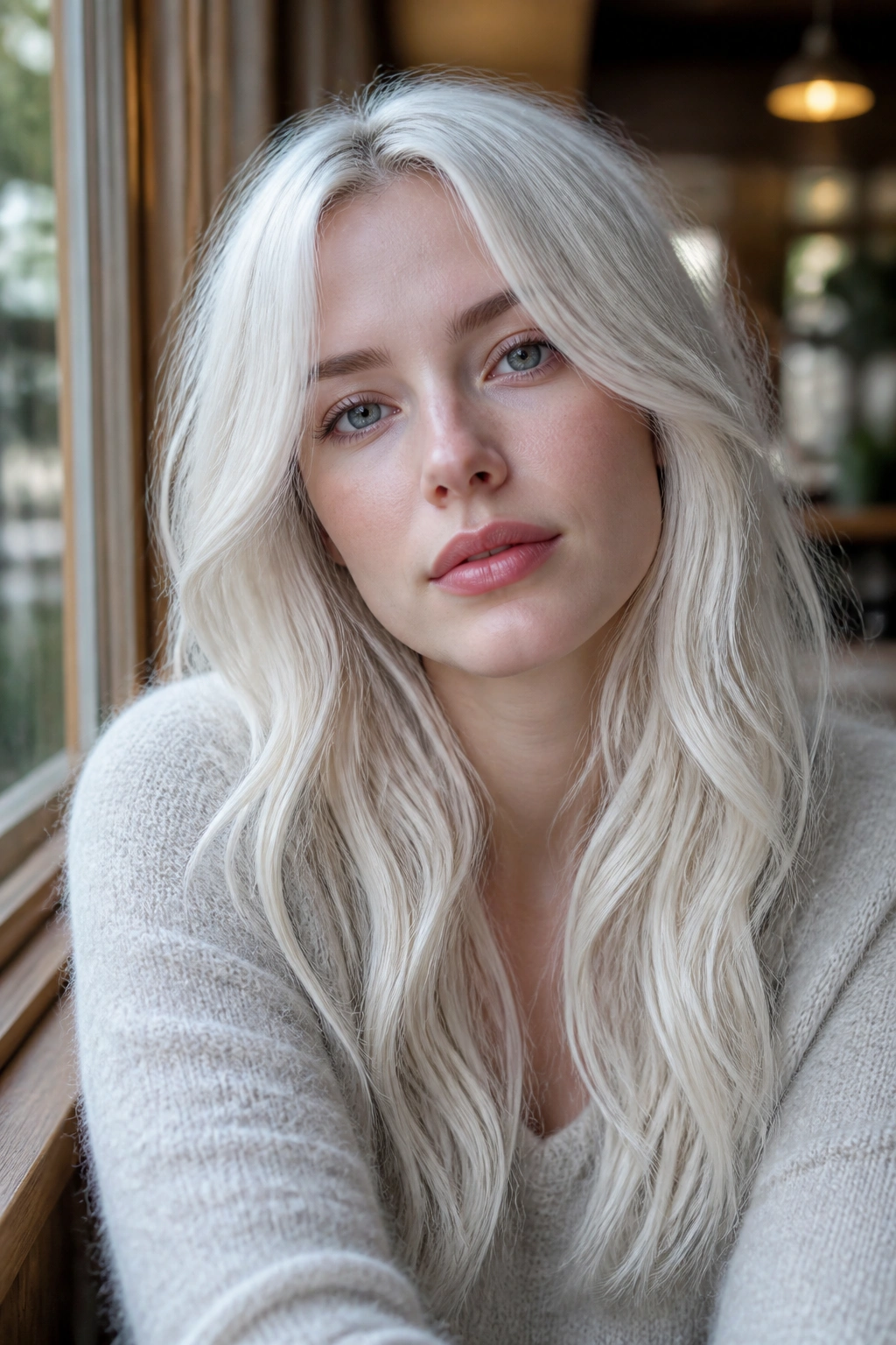 Close-up portrait of a real woman with Pearl White Blonde hair and milky cool sheen.