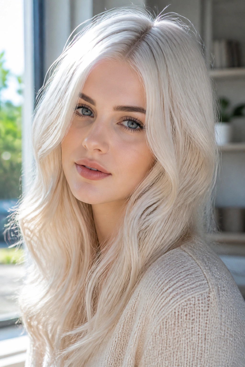 Close-up of a real person with pearl white blonde hair and opalescent sheen