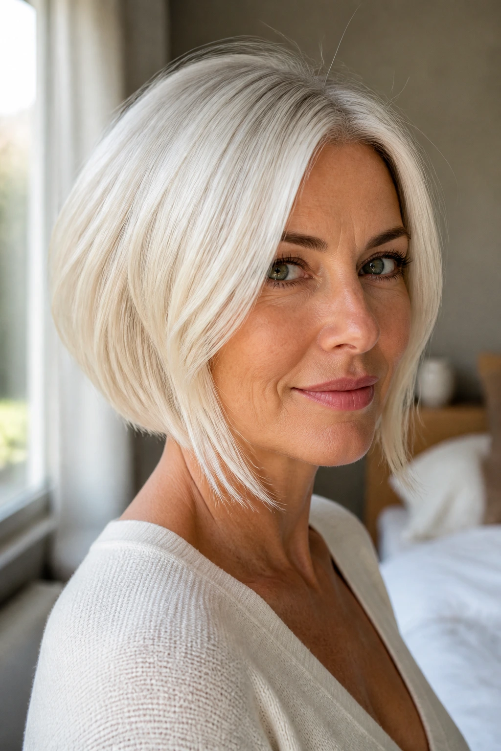 Close-up portrait of a real woman with a pearl white bob and face-framing pieces by a window