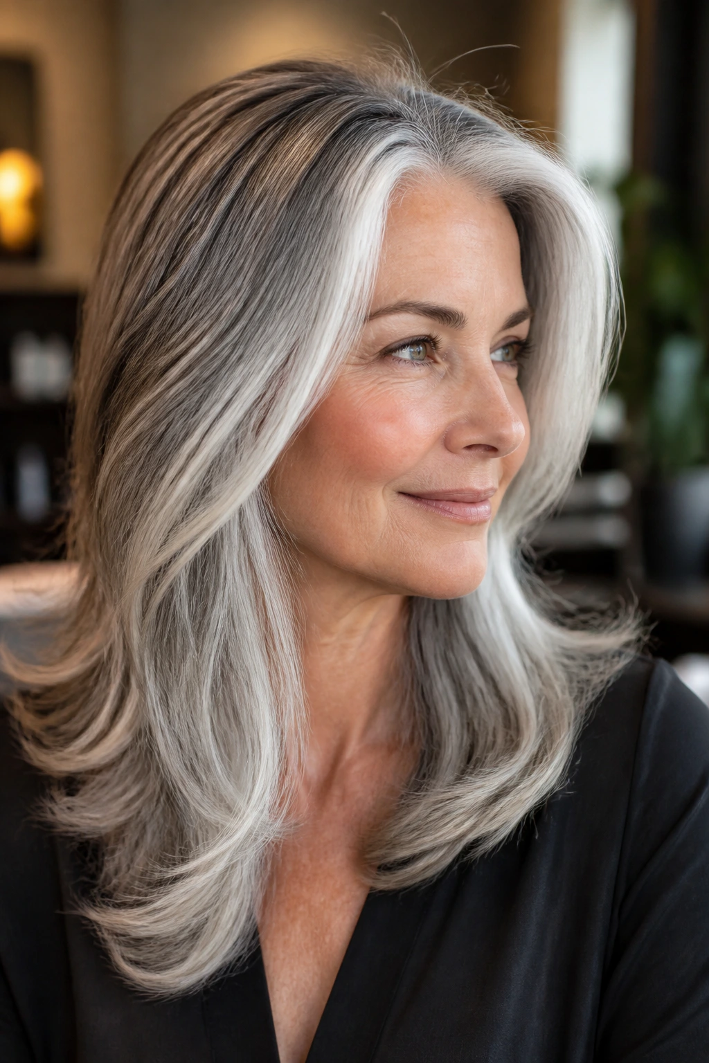 Real person with gray base hair and pearl white highlights framing the face