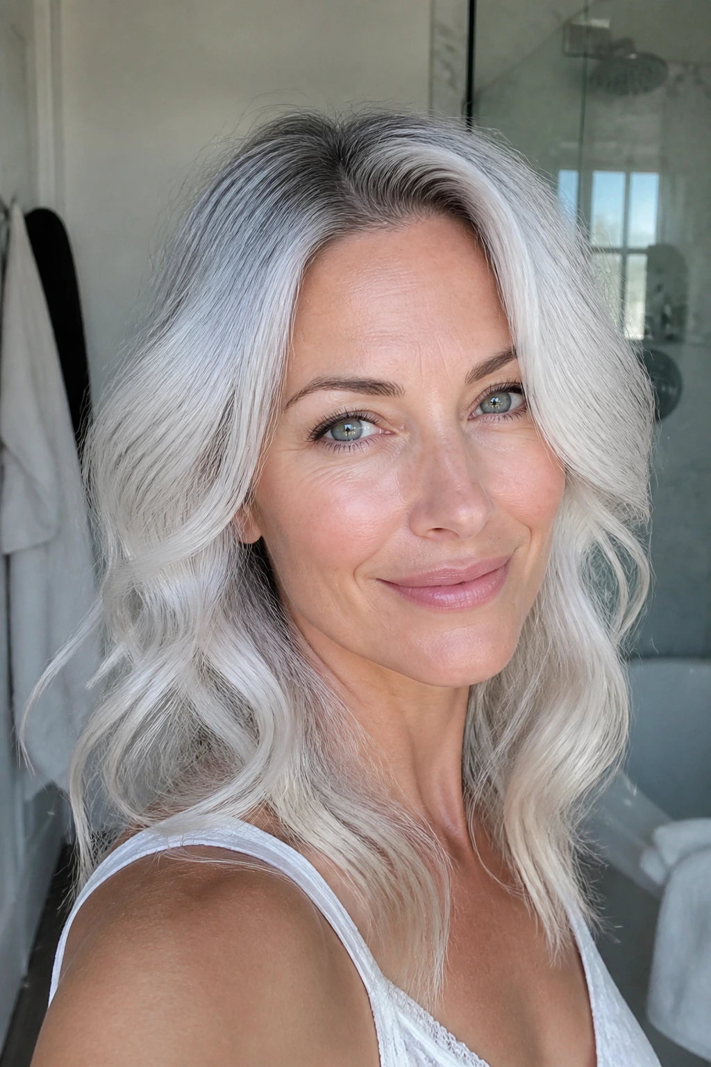 Close-up of a real woman with pearl-white silver hair and a soft root shadow