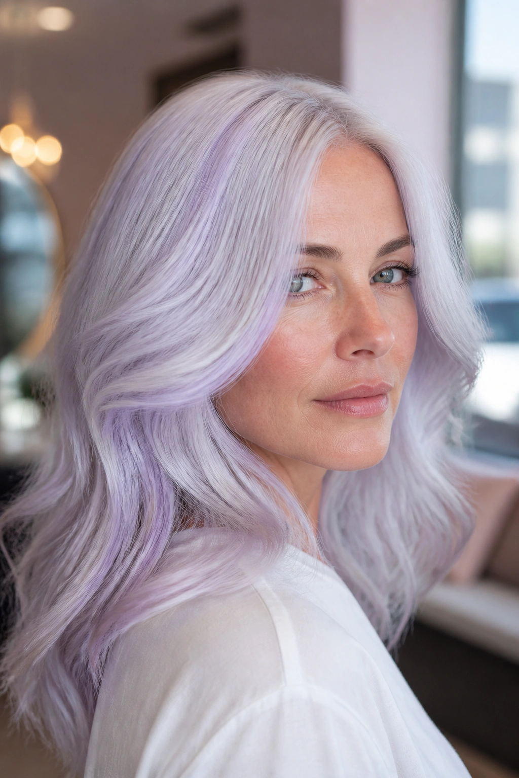 Close-up of a real woman with pearl white hair and violet gloss.