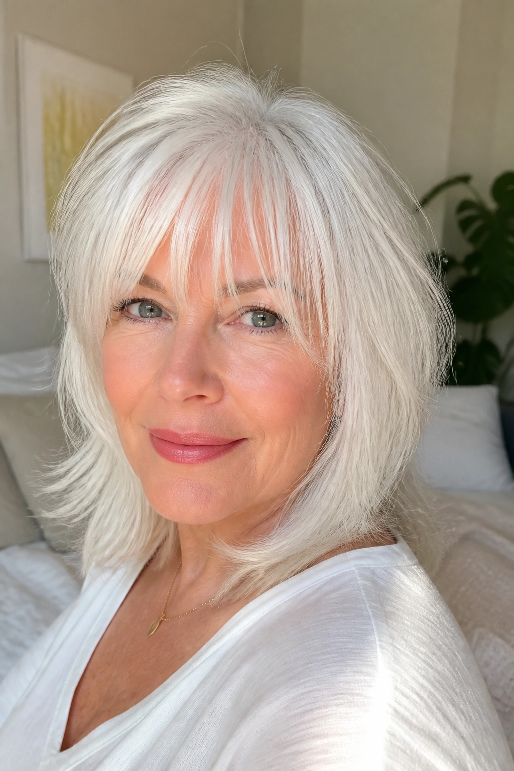 Close-up of pearl white hair with wispy fringe on a real woman