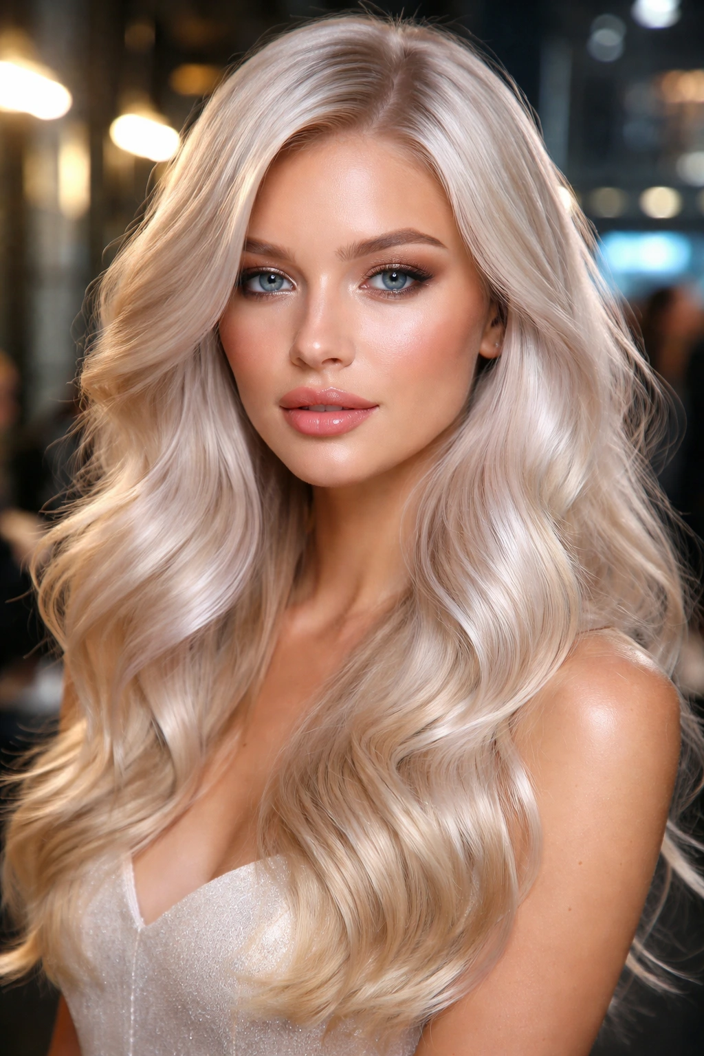 Portrait of a woman with pearlescent blonde hair reflecting cool iridescent tones