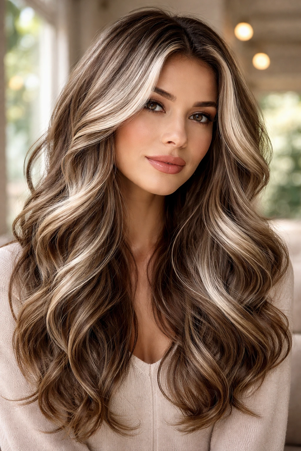 Close-up of a real woman with pearlescent blonde highlights on medium-brown hair.