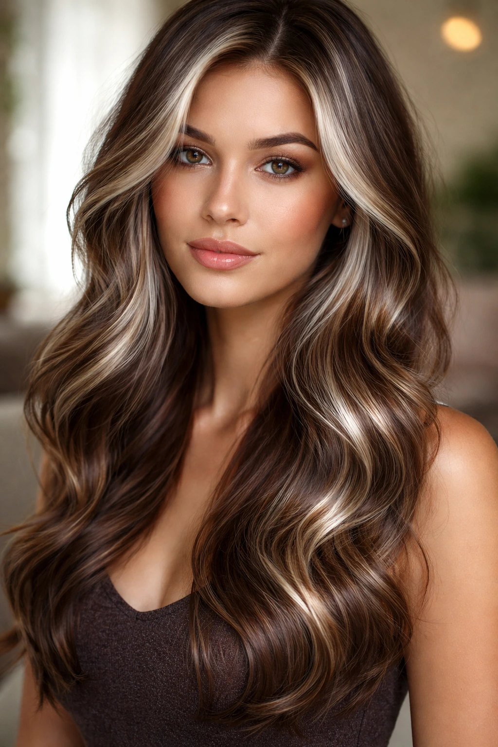 Portrait of a real woman with pearlescent chestnut hair highlights.