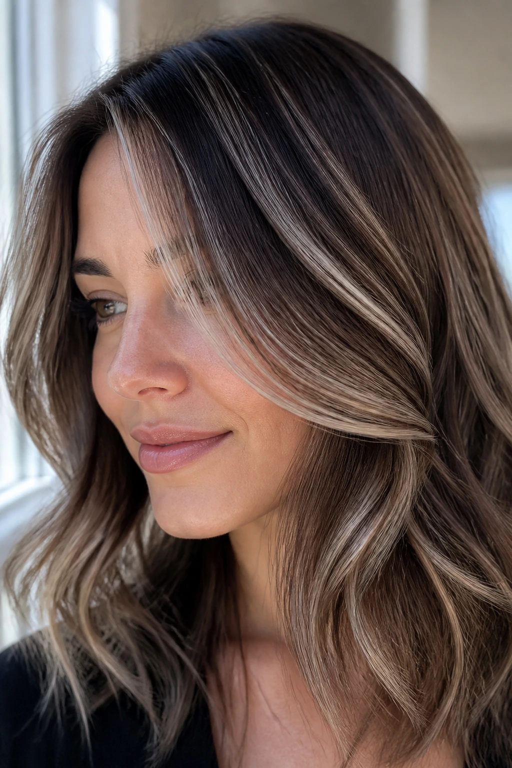 Real-person portrait showing pearlized brunette dimension with cool pearl tones