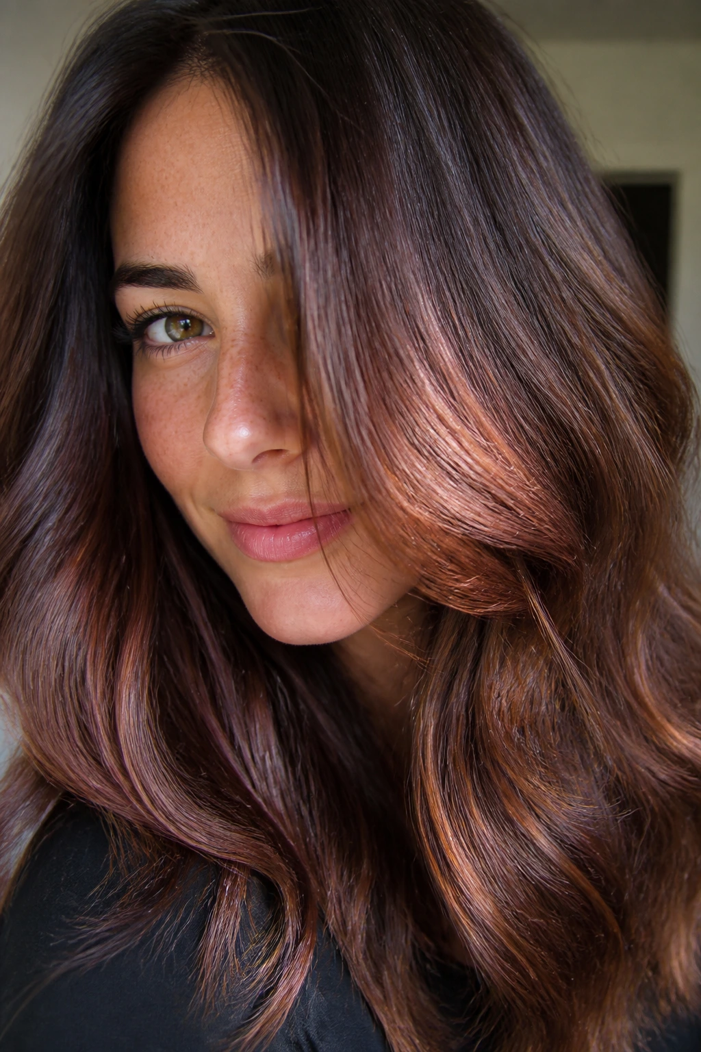 Brunette with pearlized copper gloss and iridescent sheen in natural light