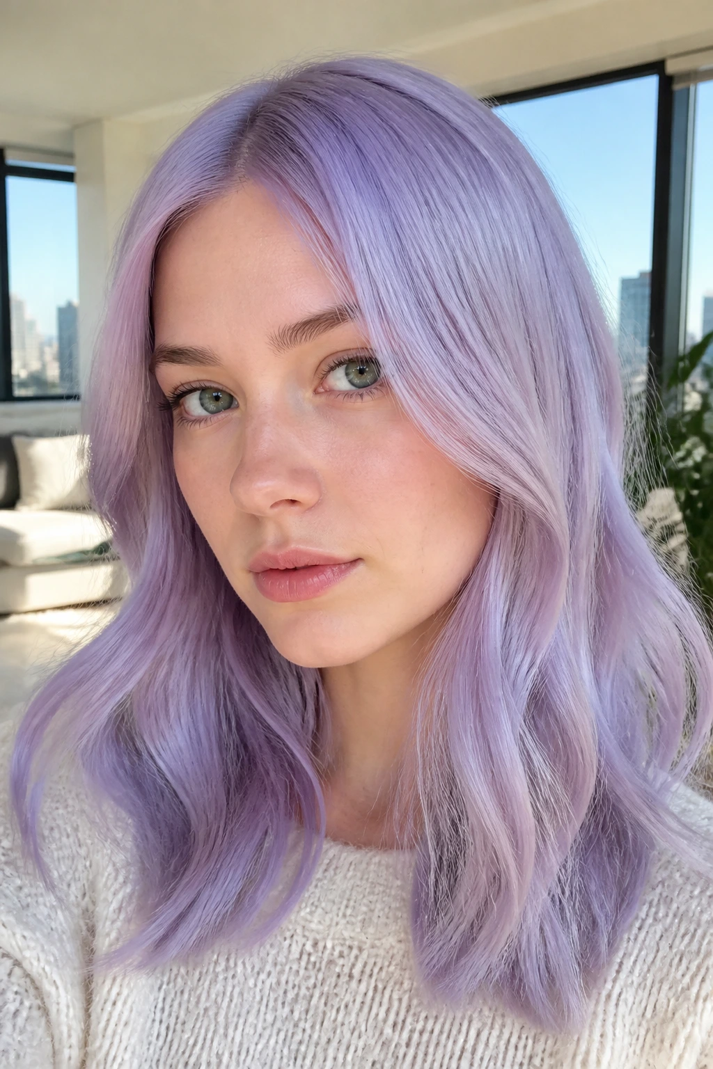 Real person with pearly lavender allover color on hair, close-up portrait