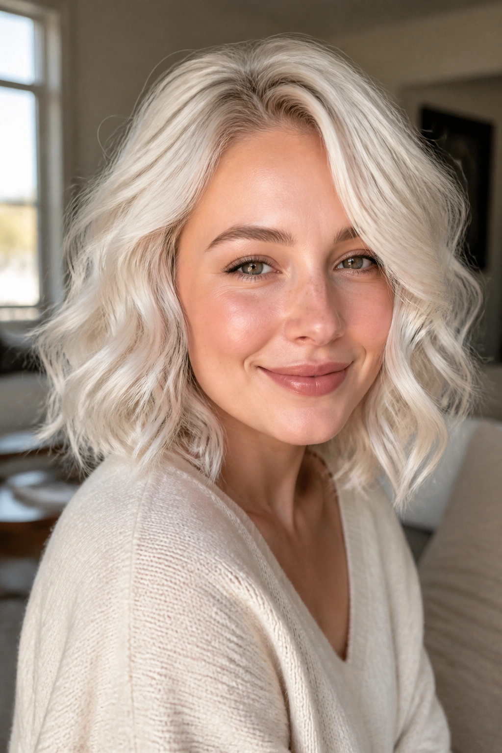 Close-up of a real woman with pearly platinum shoulder-length curls in a cozy setting.