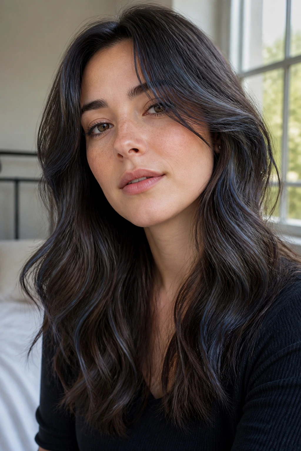 Close-up portrait of a woman with pebble brown hair and blue smoke glaze, natural window light
