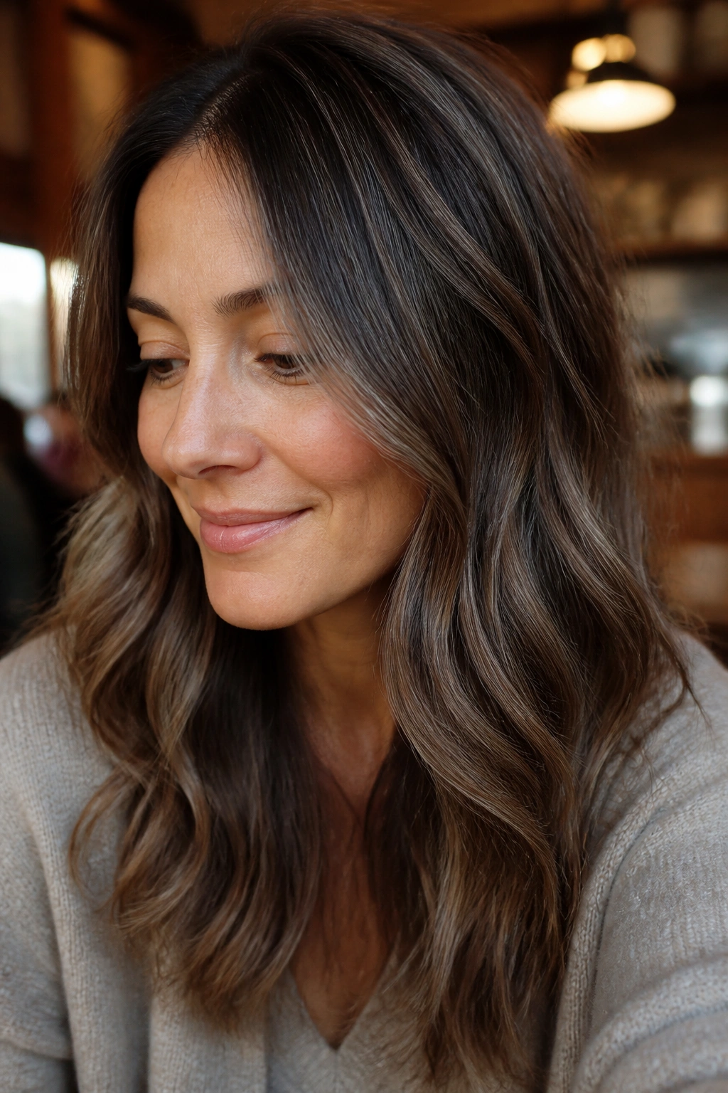 Close-up portrait with pebble gray lowlights in brown hair