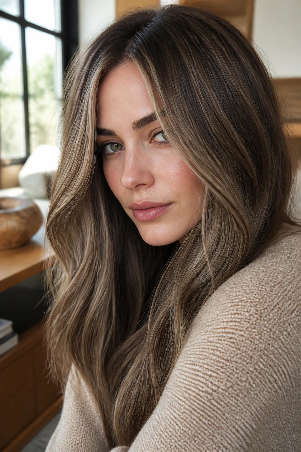 Close-up of a real woman showing Pebbled Ash Brown Bronde hair with micro-highlights in natural window light