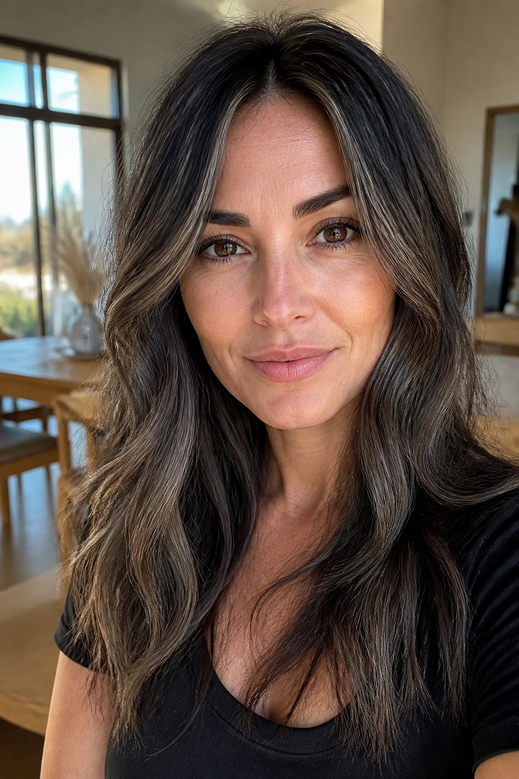 Close-up of a real woman with Pebbled Grey Babylights on brown hair around the face
