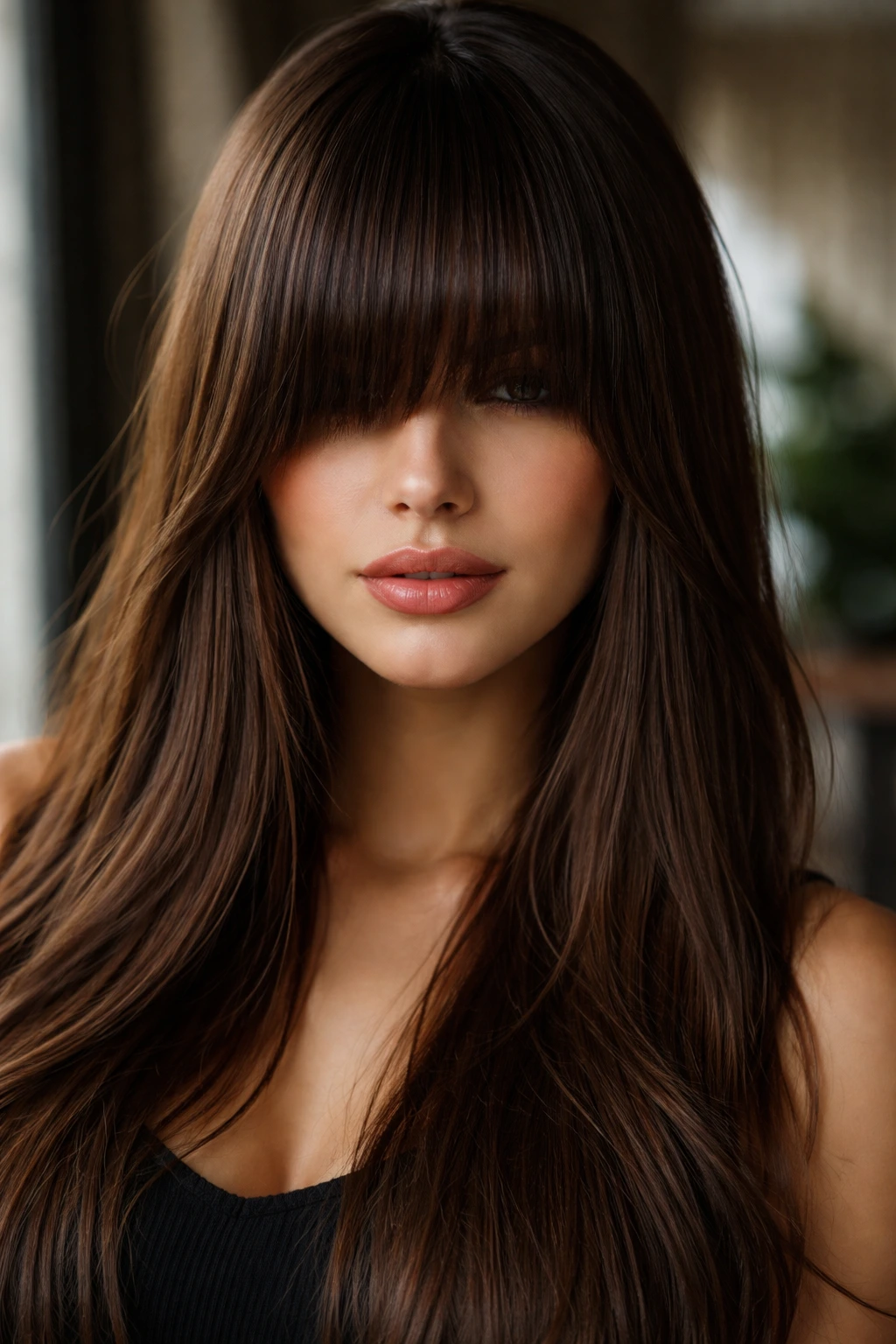 Close-up of a woman with long peek-a-boo bangs covering eyebrows