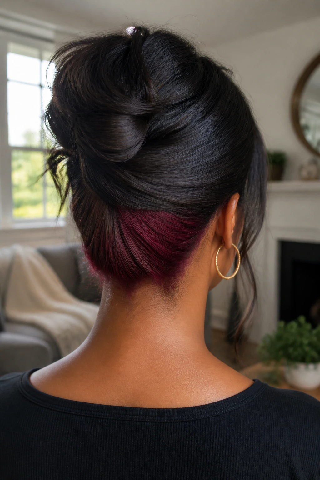 Back-of-head portrait showing a peek-a-boo underlayer color peeking at the neckline.