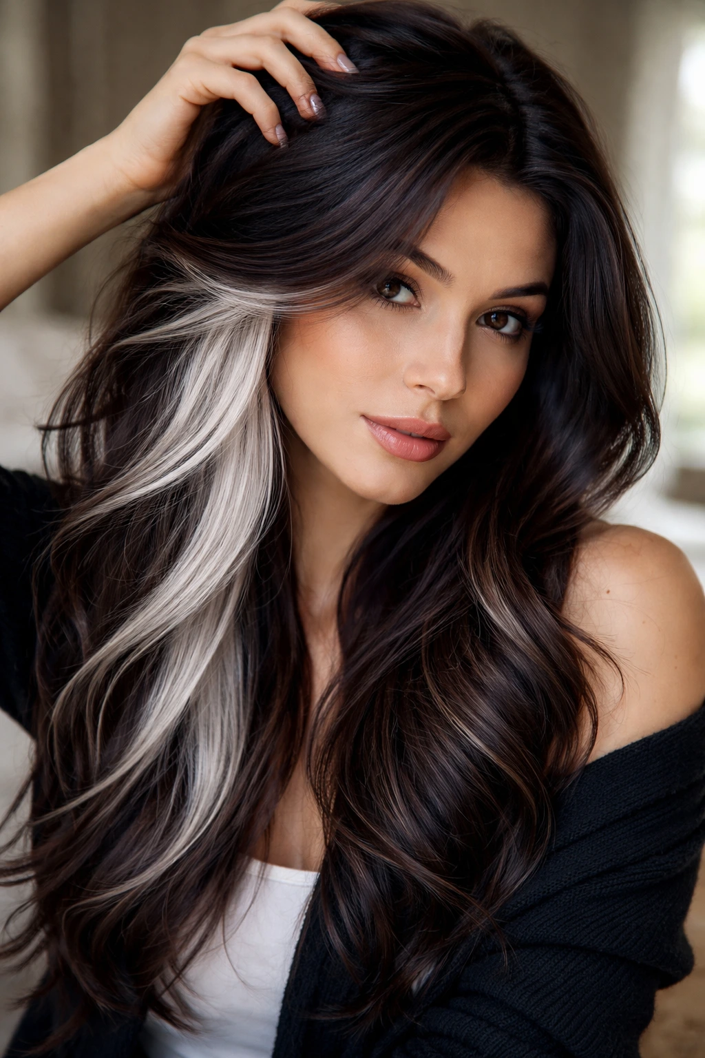 Close-up portrait of a real woman showing a silver-white under-layer peek-a-boo hair on dark brown strands