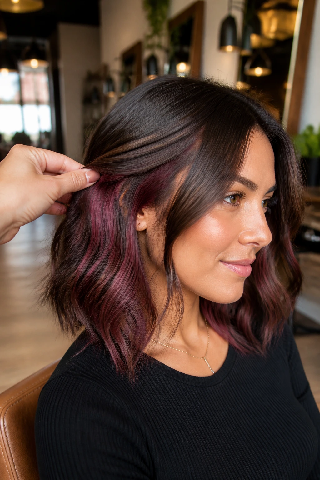 Close-up of a real woman with burgundy peekaback highlights on a lob, hair behind the ear.