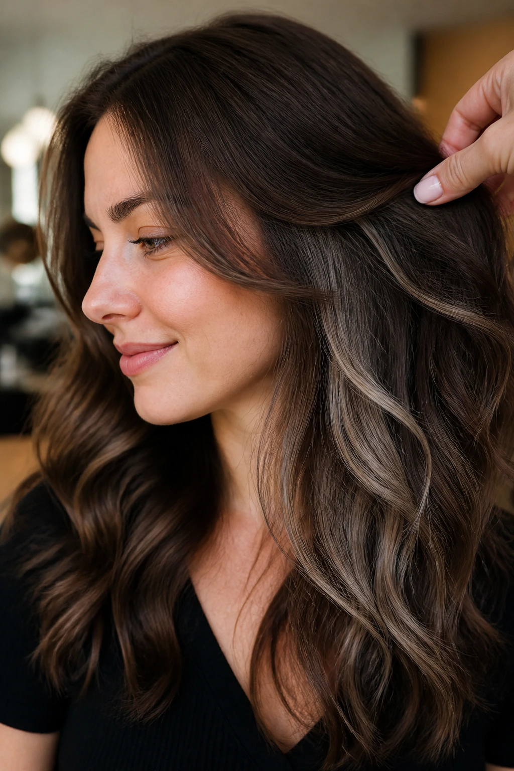 Portrait showing ash-blonde peekaboo highlights under brown layers when hair moves.