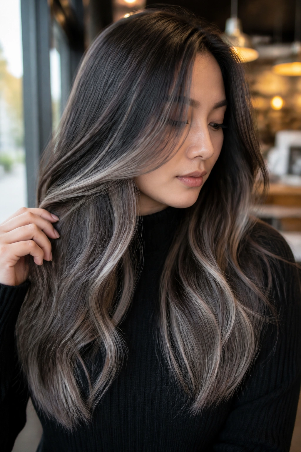 Portrait of a real woman showing ash ombre with peekaboo panels under the crown