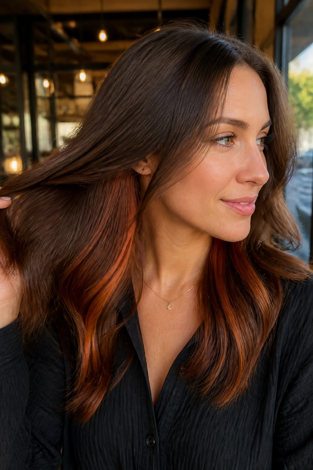 Close-up portrait of peekaboo auburn panels under brown top layer on a real person