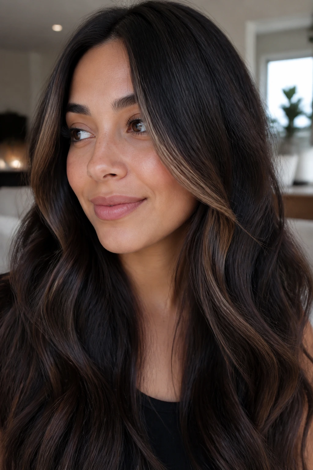 Real woman with deep brunette balayage and hidden face-framing peekaboo pieces