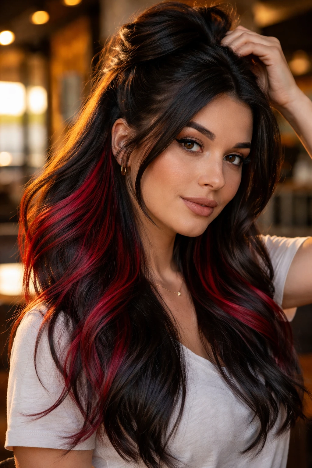 Hair with electric red peekaboo underlayer peeking through dark top layer.