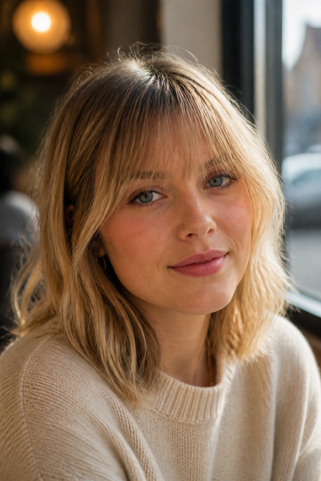Woman with peekaboo bangs skimming lashes in daylight at a cafe