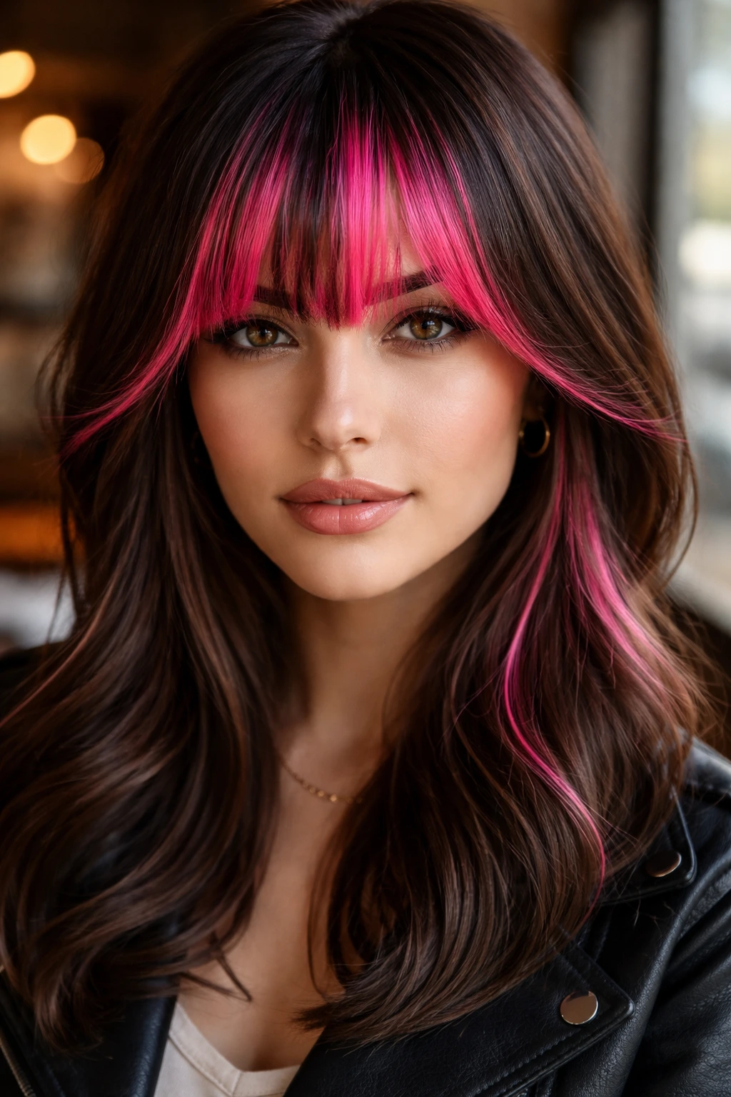 Close-up portrait of a real woman with neon pink peek-a-boo bangs under dark hair.