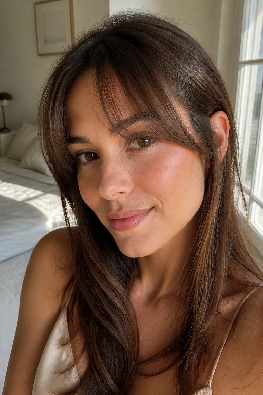 Close-up of a real woman with long peekaboo bangs at lash level in natural window light