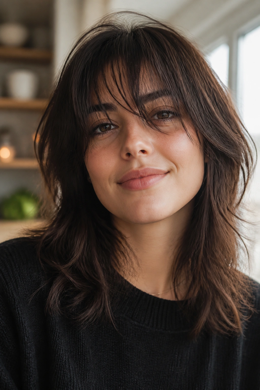 Close-up portrait of a real woman with peekaboo bangs and a mid-length shag in warm living room light
