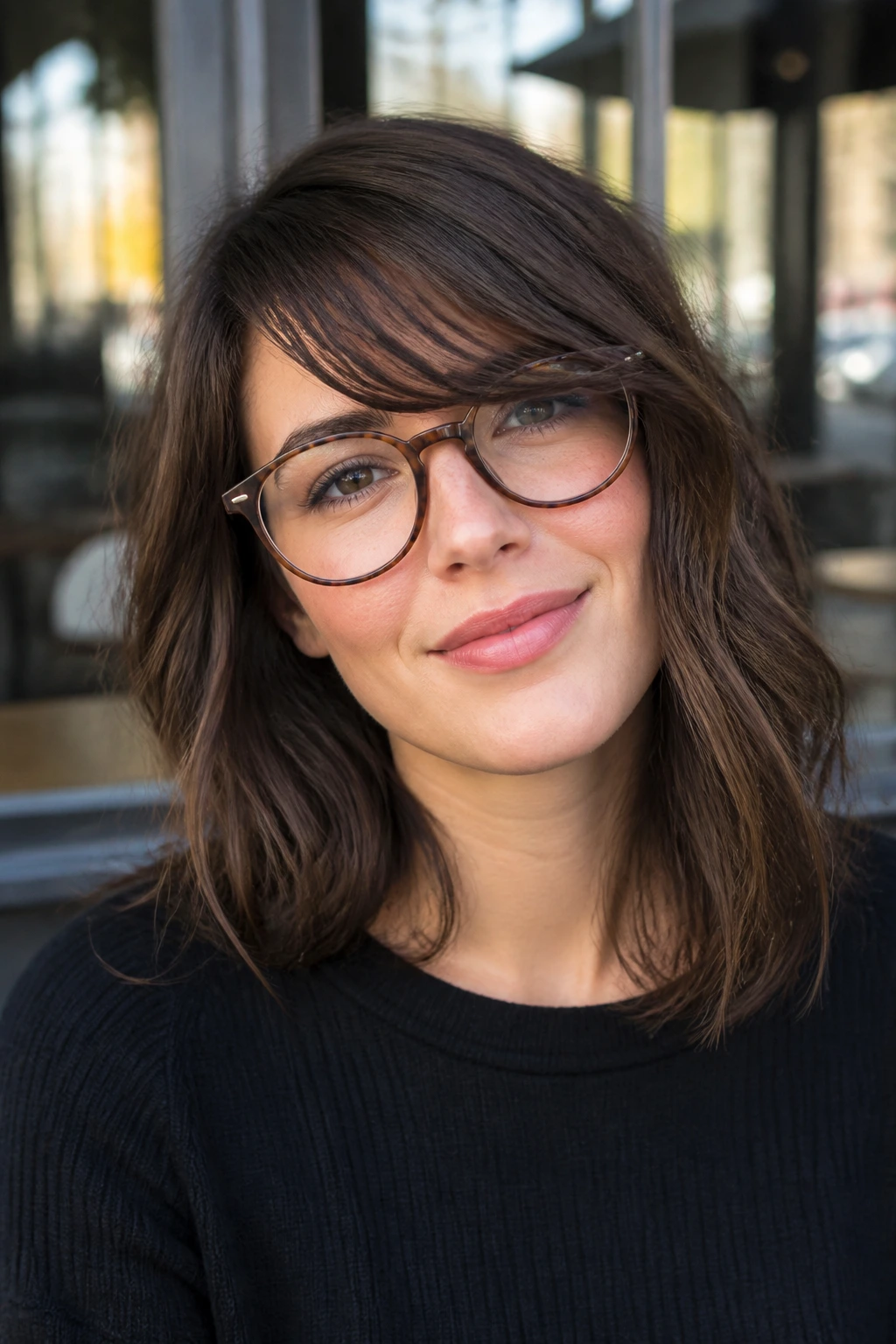 Close-up of brunette woman with peekaboo bangs and side bend