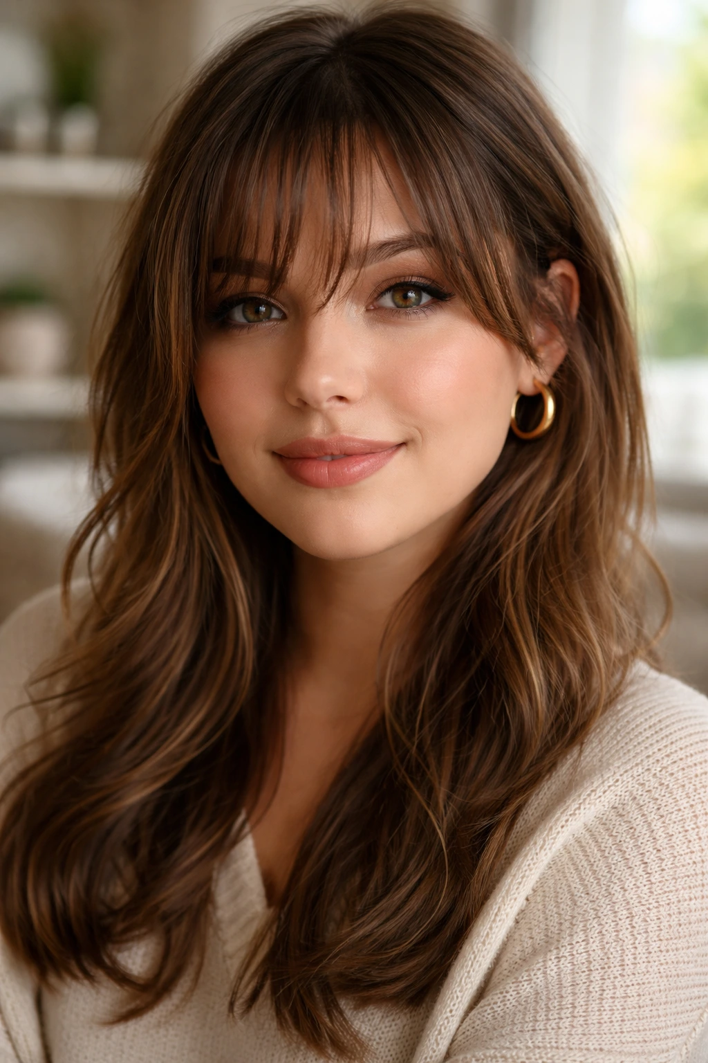 Portrait of a real woman with thin, movement-friendly bangs peeking across her forehead.