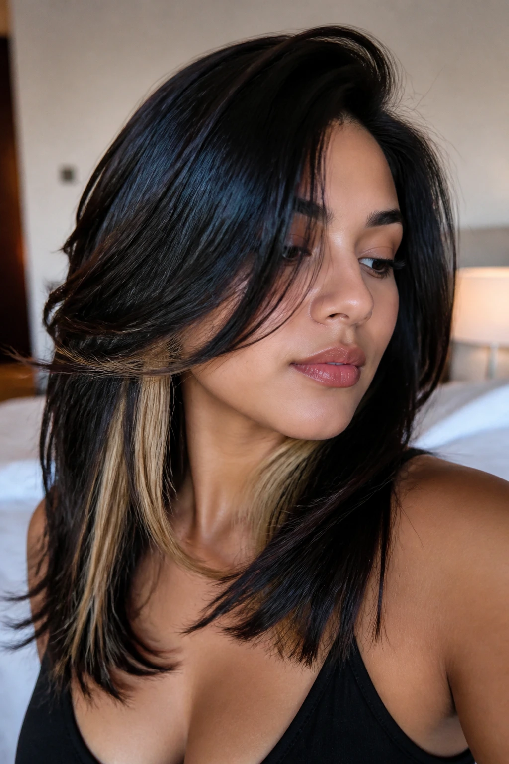 Close-up of a real woman with hidden blonde panels under black hair in a softly lit bedroom